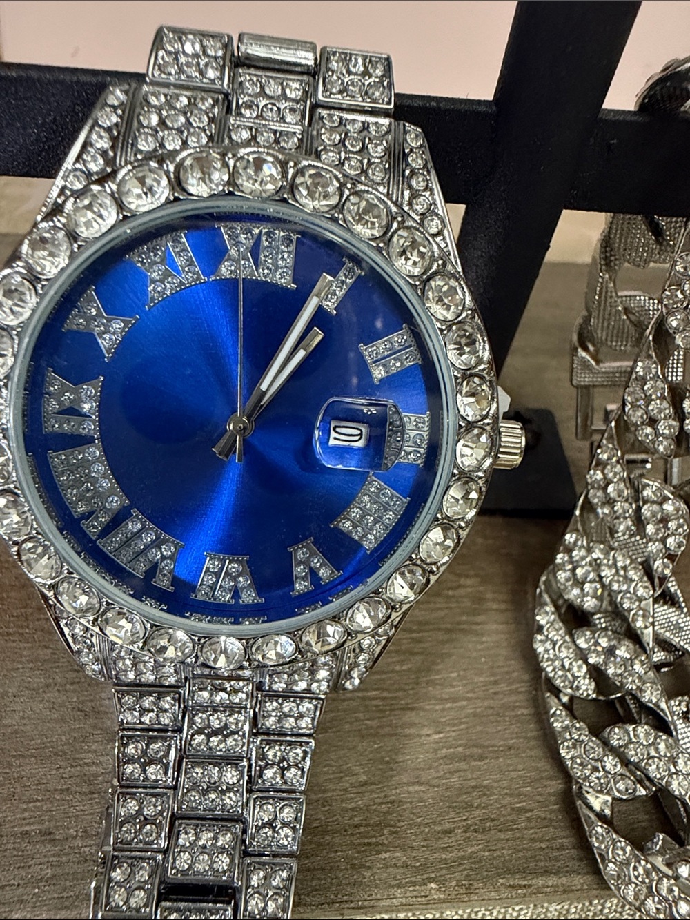 Men’s Blue Dial Crystal-Embellished Silver Watch and silver bracelet set - Picture 2 of 16